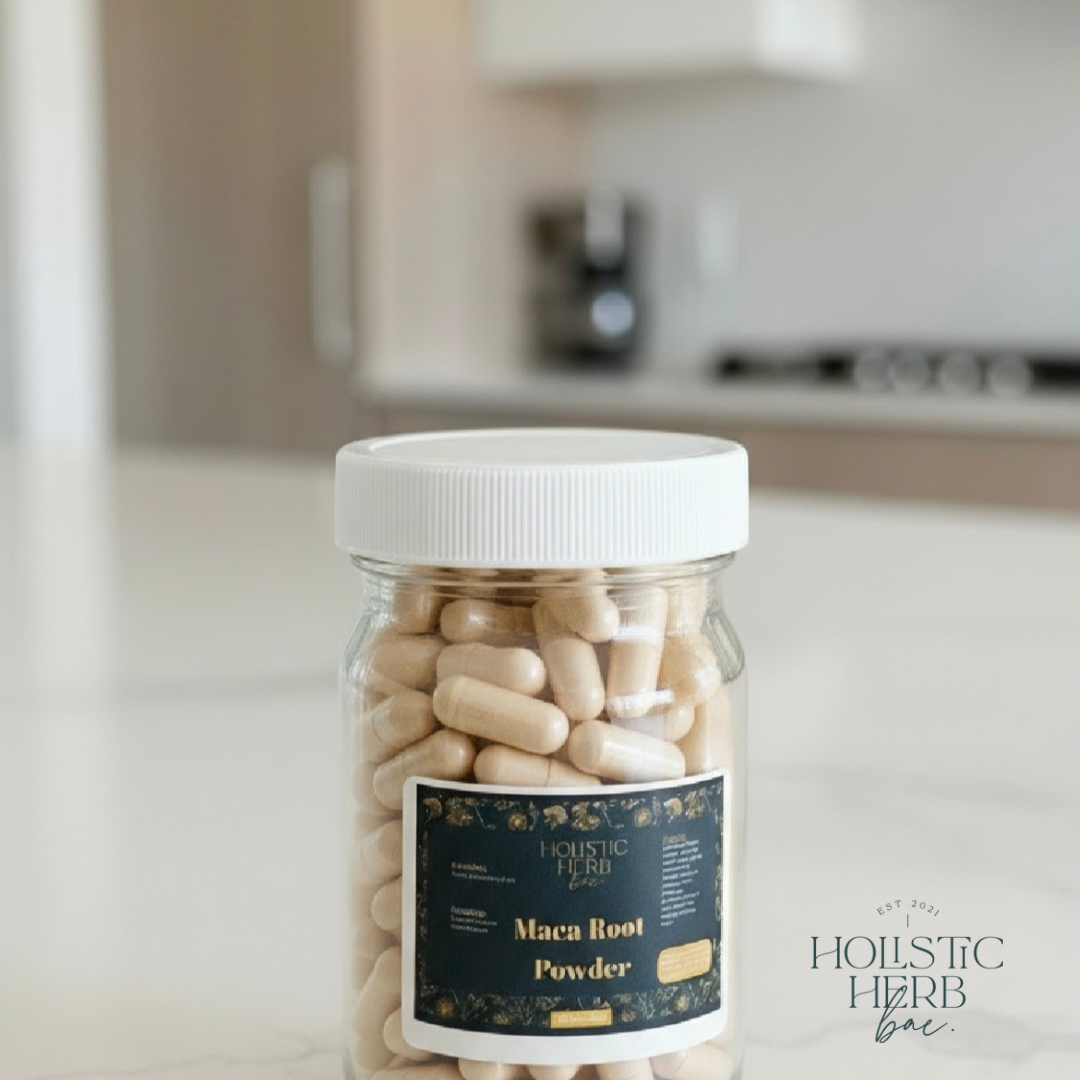 Jar of maca root powder with a label on a kitchen counter