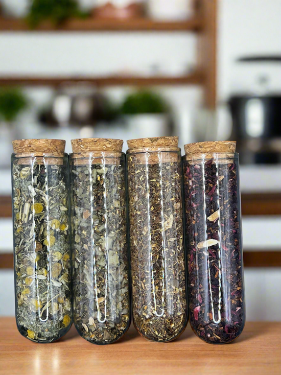 Tea Sampler Box – 4 Herbal Blends to Support Your Body + Spirit + Heart Shaped Steeper