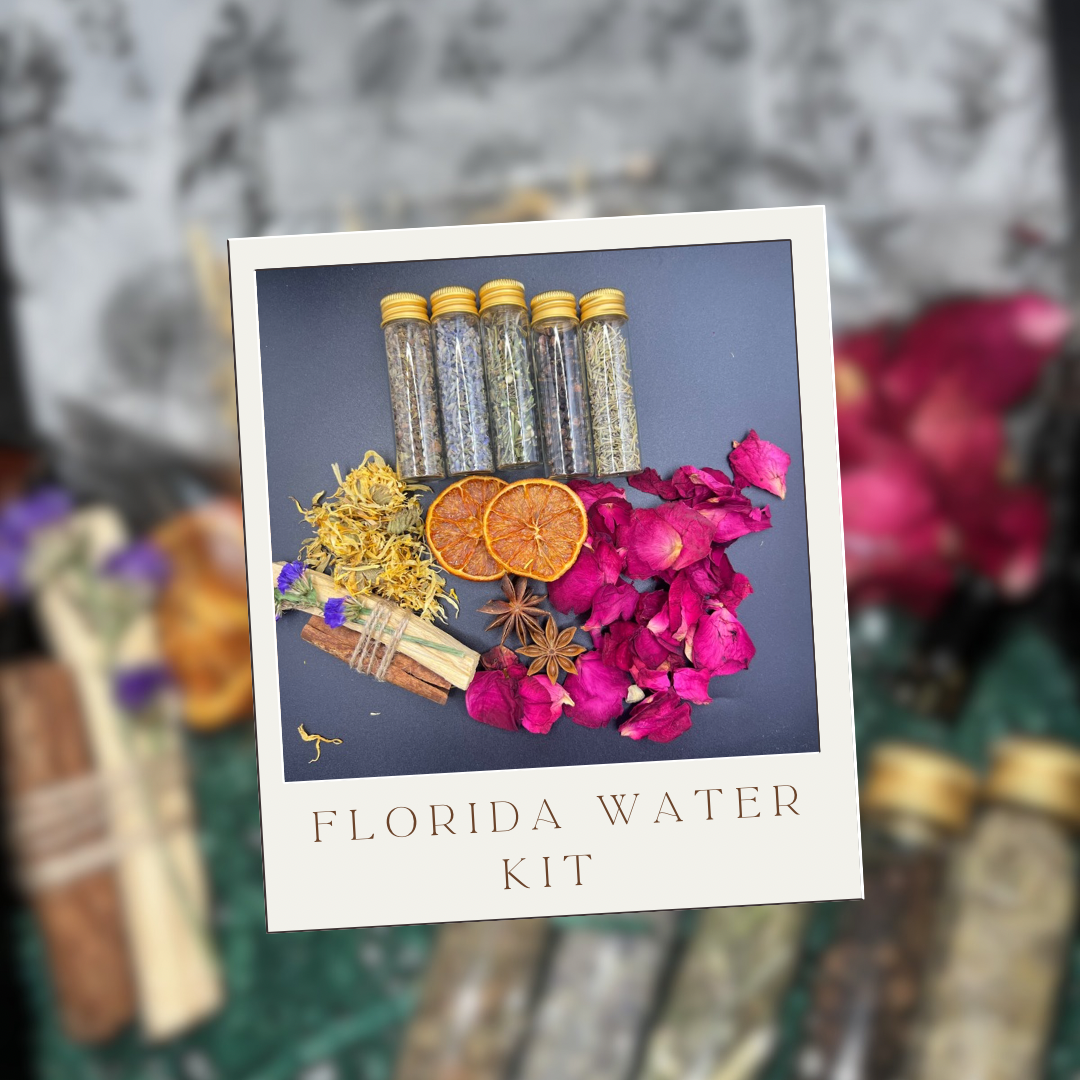 A display of the Florida Water DIY Kit components including bottles of herbs and spices, a cinnamon stick, a Palo Santo stick, dehydrated orange peels, rose petals, and bay leaves arranged on a cloth surface. herbal vials for creating a sacred spiritual cleanser