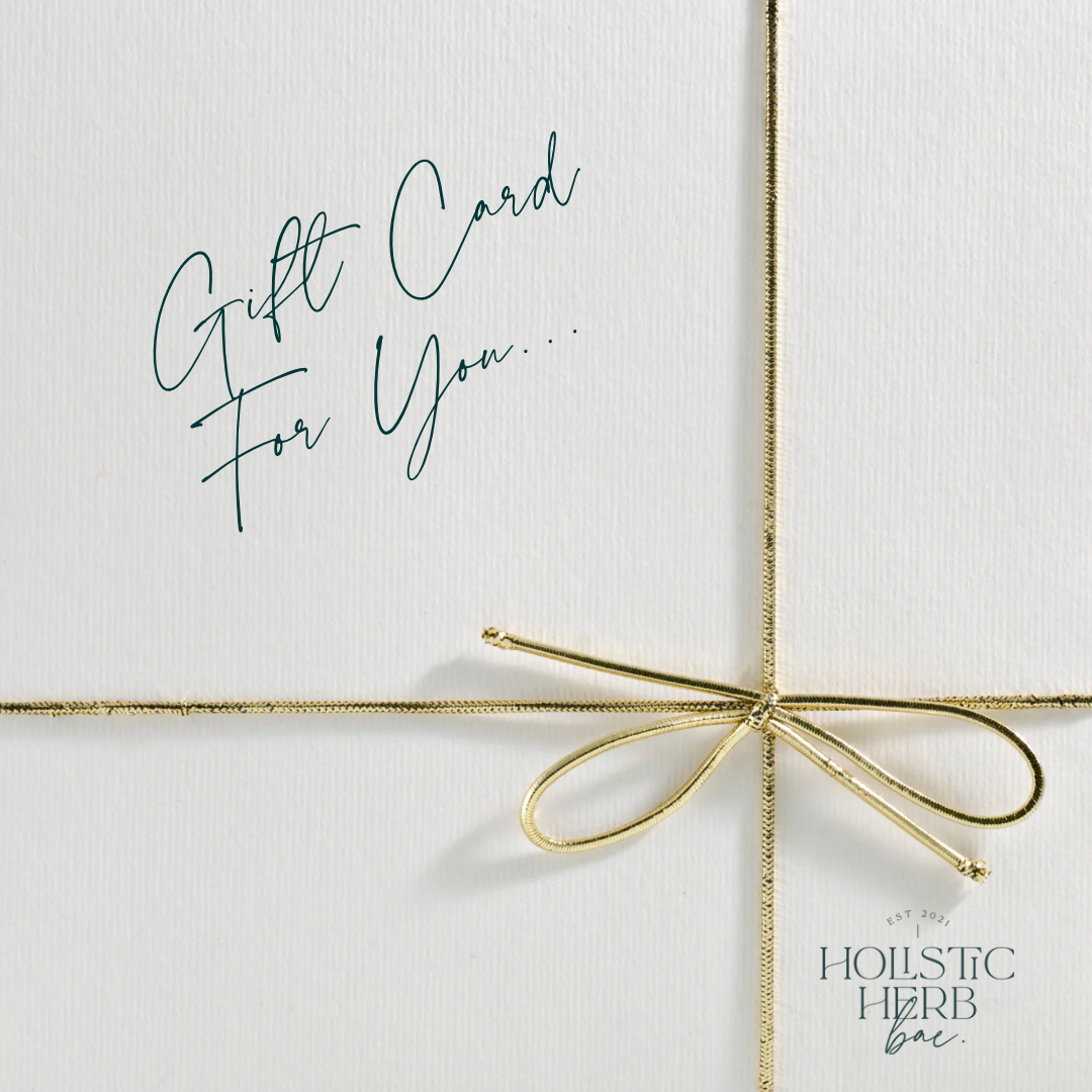 Gift card for 'The Holistic Herb Bae with a gold ribbon on a white background